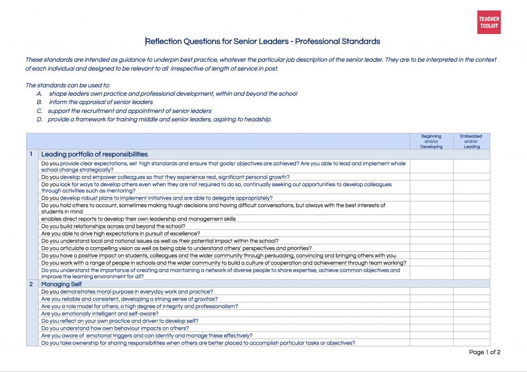 sample document guidance Senior Leader   Standards TeacherToolkit